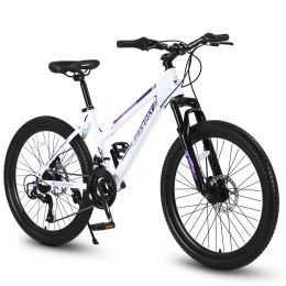 S24103 24 inch Mountain Bike for Teenagers Girls Women, Shimano 21 Speeds Gear MTB with Dual Disc Brakes and 100mm Front Suspension, White/Pink